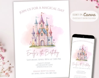 Princess Birthday Invitation Template, Editable Castle Girl Birthday Invite, Pink Magical Princess Party Digital Evite Canva