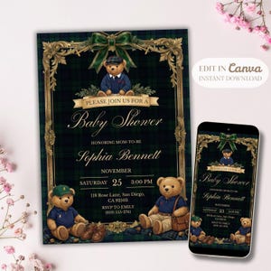 Polo-Teddybär-Babyparty-Einladung, geschlechtsneutrale Babyparty-Einladung, klassischer karierter Tartan-Reiter, bearbeitbare Canva-Vorlage