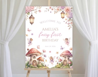 Modello di cartello di benvenuto per il primo compleanno a tema fate, festa in giardino con farfalle, poster modificabile su Canva, cartello di compleanno stampabile, download immediato