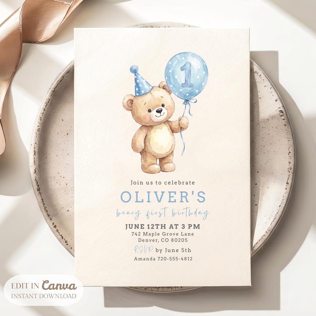 Beary First Birthday Invitation Boy, Little Bear Party Invite, Blue ...