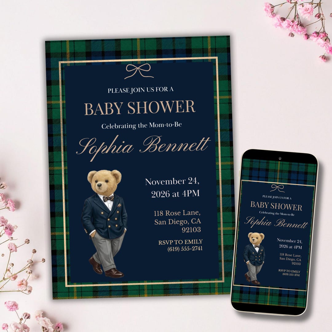 Preppy Plaid Teddy Bear Baby Shower Invitation, Vintage Polo Boy Shower ...