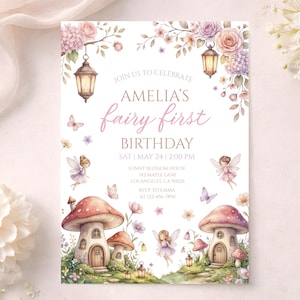 May include: A whimsical invitation for Amelia's first birthday, featuring a fairy theme. The design includes watercolor illustrations of fairies, mushroom houses, flowers, and lanterns. The text reads "Join us to celebrate Amelia's fairy first birthday".