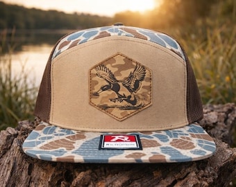Duck Mallard Hunting Leather Patch Hat | Waterfowl Hat | Outdoor Camo Snapback | Duck Hunting Hat Gift For Duck Hunters