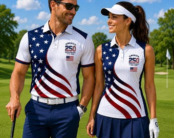 Patriotic Golf Couple Matching Shirts, USA 250th Anniversary Golf Polo, 1776–2026 Independence Day Golf Outfit, American Flag Golf Apparel