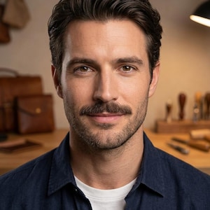 Puede incluir: Retrato de un hombre con cabello oscuro, bigote y barba. Viste una camisa azul oscuro sobre una camiseta blanca. El fondo borroso sugiere un taller o estudio.