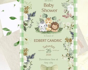 Safari Baby Shower Invitation Template, Jungle Animals, Neutral Green, Editable Canva (Instant Download)