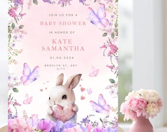 Editable Bunny Baby Shower Invitation, Neutral Floral Template (Digital Download)