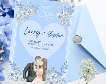 Editable Canva Wedding Invite Template | Printable Blue Floral Card | Romantic Couple Design | Instant Download