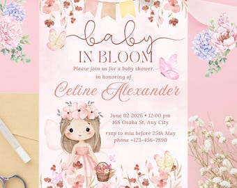 Baby Shower Invitation, Baby in Bloom Floral Butterfly Theme (Digital Download)