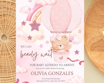Baby Shower Invitation, Hot Air Balloon Teddy Bear, Editable Template (Instant Download)