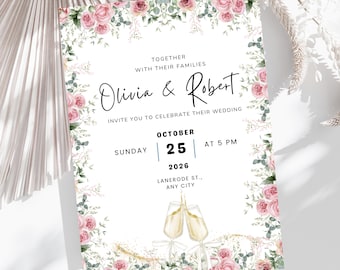 Blush Pink Floral Wedding Invitation Canva Template | Romantic Elegant DIY Card (Instant Download)