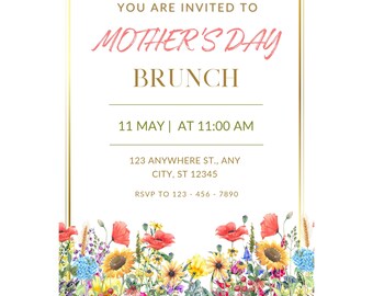 Mother's Day Brunch Invitation Canva Template | Watercolor Floral Pink Gold (Digital Download)