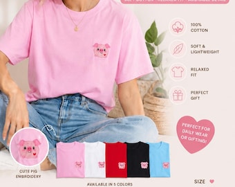 Custom T-shirt, Personalized Pig Embroidered T-Shirt, Unisex Animal Tee, Cotton Shirt With Name