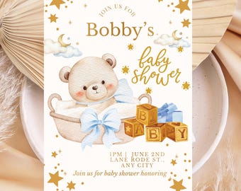 Teddy Bear Baby Shower Invitation, Editable Canva Template, Neutral Gold Invite (Instant Download)