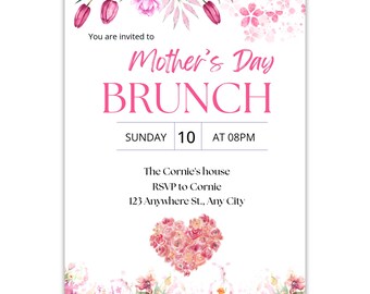 Pink Floral Mother's Day Brunch Invitation | Watercolor Spring Party Invite (Canva Template) | Instant Download