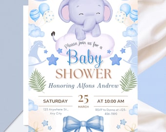 Blue Elephant Baby Shower Invitation, Editable Canva Template (Instant Download)