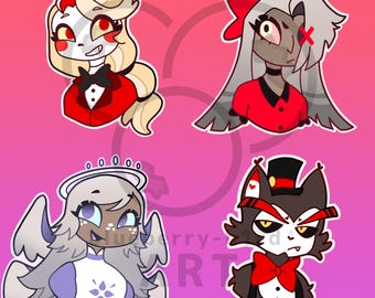 Llavero acrílico con dibujo de Hazbin Hotel y pendientes.