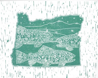 Oregon - state fly fishing original linocut print by Jonathan Marquardt