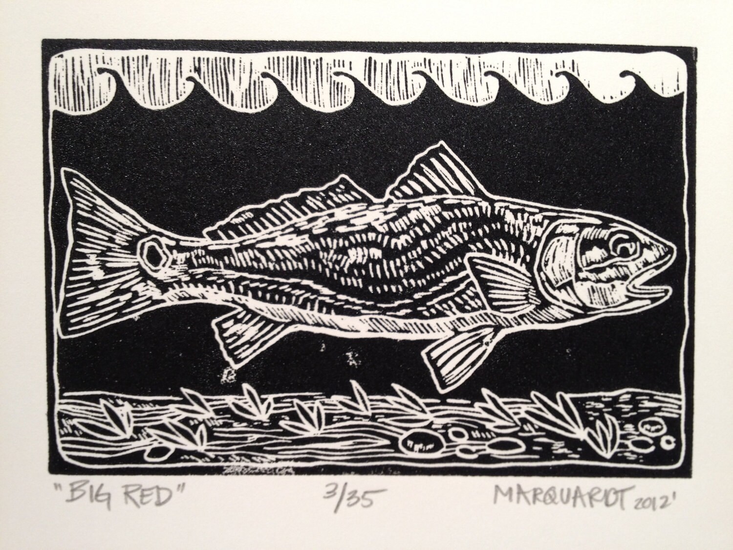 Redfish fly fishing artwork linocut print by Jonathan | Etsy