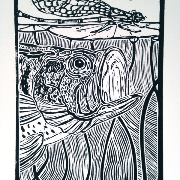 Bass and Damsel linocut print fly fishing art by Jonathan Marquardt of BadAxeDesign