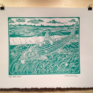 Off Big Pine Original fly fishing artwork linocut by Jonathan Marquardt image 2