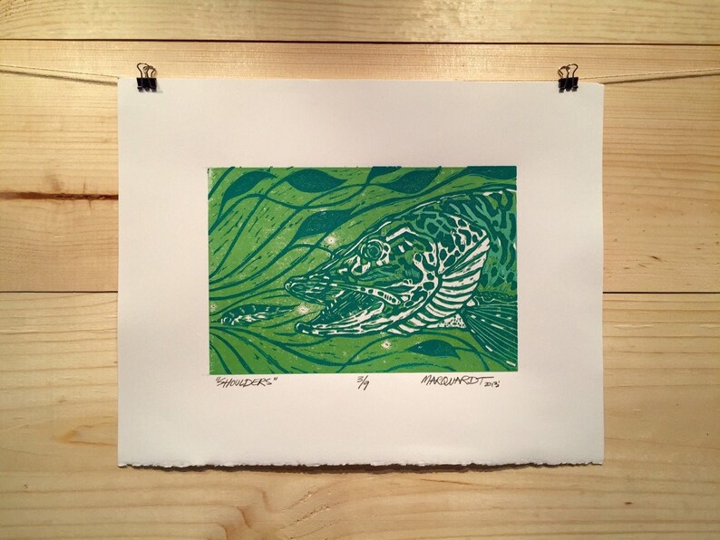 Shoulders Musky fly fishing original reduction linocut art by Jonathan Marquardt image 2