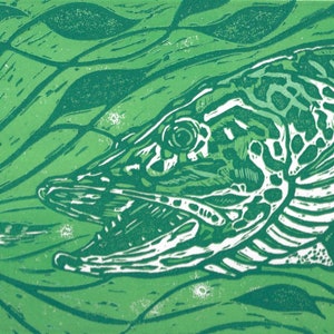 Shoulders Musky fly fishing original reduction linocut art by Jonathan Marquardt image 1