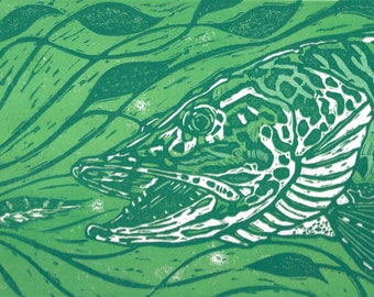 Shoulders - Musky fly fishing original reduction linocut art by Jonathan Marquardt