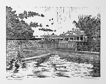 Lorelei Bar Islamorada - Linocut Print Florida Tarpon Fly Fishing