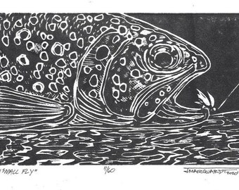 Small Fly - Original linocut fly fishing trout artwork by Jonathan Marquardt