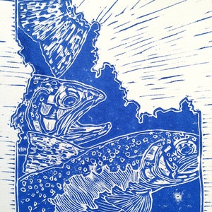 Idaho state fly fishing trout linocut by Jonathan Marquardt image 3