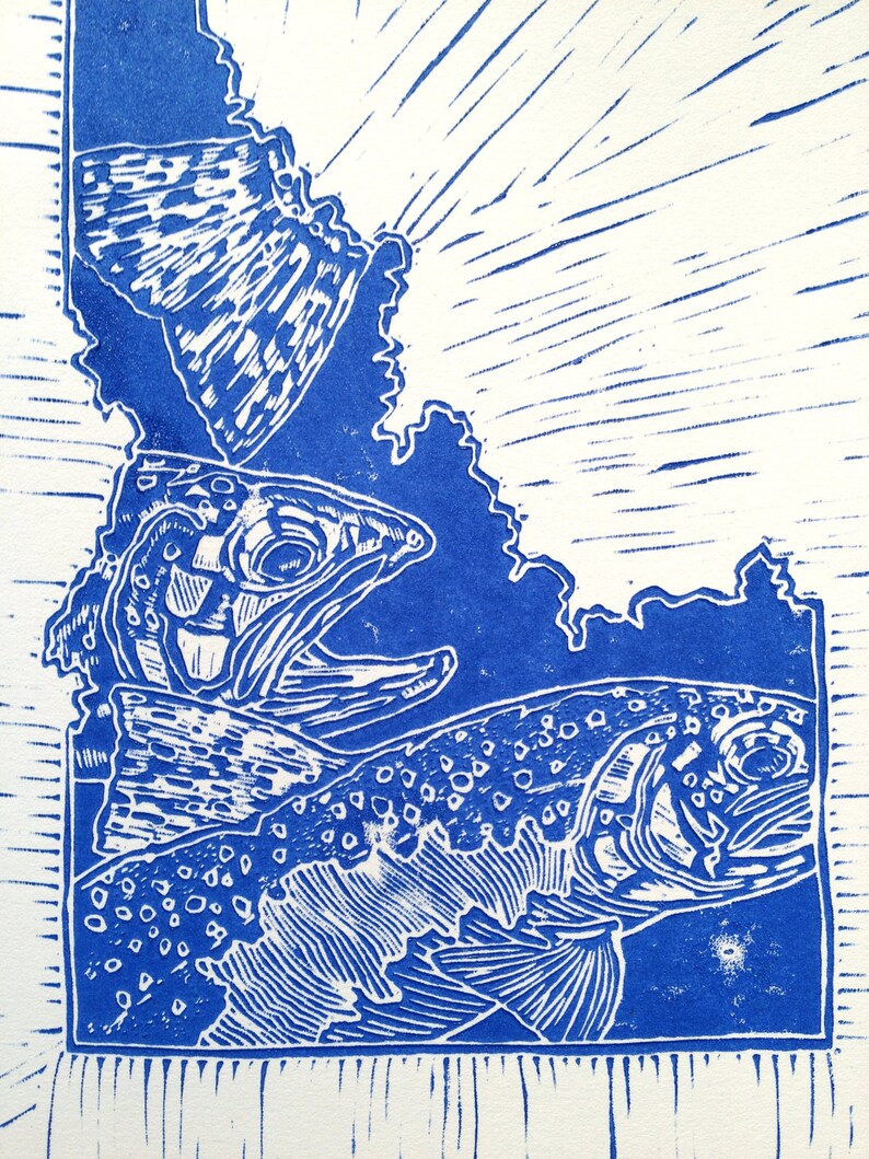 Idaho state fly fishing trout linocut by Jonathan Marquardt image 3