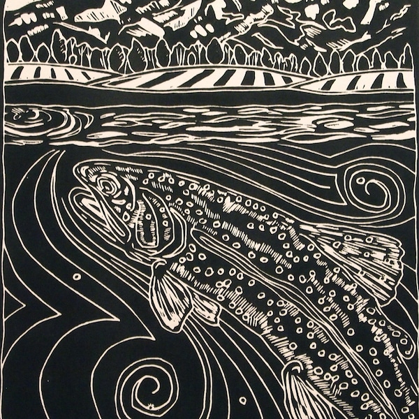 WY on Fly - Original fly fishing trout linocut artwork by Jonathan Marquardt