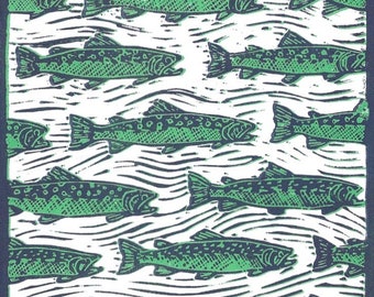 Pine Creek - Original fly fishing trout reduction linocut by Jonathan Marquardt