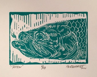 Tarpon - fly fishing linocut original art by Jonathan Marquardt