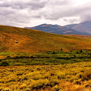 May include: A scenic landscape featuring rolling hills covered in golden and green vegetation under a cloudy sky. Distant mountains are visible in the background, with a small stream winding through the valley. The overall scene evokes a sense of natural beauty.