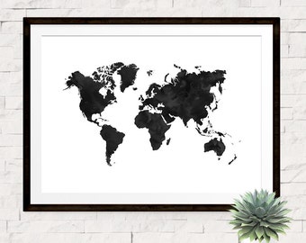 World Map Print Poster, Watercolor Map Art Print, Black and White, Travel Print Poster, World Map, Modern Minimalist Art Print, Travel Decor
