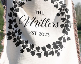 Personalized Woven Cotton Throw Blanket, Custom Last Name Wedding Gift