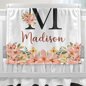 Personalized Baby Girl Blanket, Monogram Name Blanket, Pink Floral Blanket, Floral Baby Name Blanket, Kids Name Blanket, Baby Girl Gift