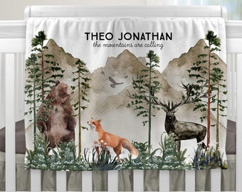 Personalized Baby Blanket with Name, Woodland Theme Baby Blanket, Forest Decor, Toddler Blanket Personalized, Forest Animals, Mountain Theme