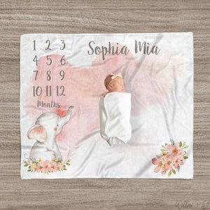 Floral Elephant Milestone Blanket: Pink Watercolor Growth Tracker, Baby Girl Gift