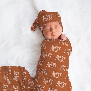 Personalized Baby Swaddle Blanket & Beanie Set: Narrow Font Name
