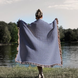 Navy and White Stripe Organic Cotton Throw Blanket, Woven Blanket, Nautical Decor, Coastal Decor, Lake House Decor Gift, Blue Stripe Textile image 6