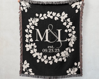 Cotton Anniversary Gift for Wife Personalized Woven Throw Blanket Second Anniversary Gift for Couples Initials Established Date Wedding Gift