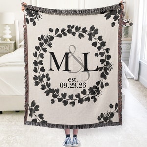 Cotton Anniversary Gift Personalized Throw Blanket Second Anniversary Gift for Wife Gift for Couples Initials Established Date Wedding Gift image 1