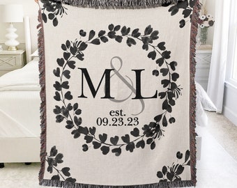 Couverture personnalisée pour cadeau d'anniversaire de mariage en coton Cadeau du deuxième anniversaire de mariage pour femme Cadeau pour couple Initiales Cadeau de mariage