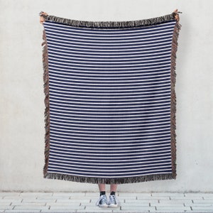 Navy and White Stripe Organic Cotton Throw Blanket, Woven Blanket, Nautical Decor, Coastal Decor, Lake House Decor Gift, Blue Stripe Textile image 2