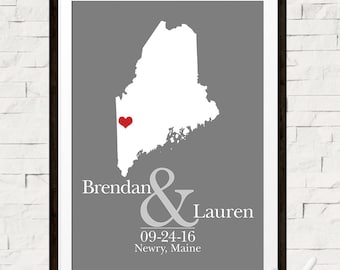 Custom Wedding Gift, Custom Wedding Map, Unique Gift Idea for Bride and Groom, Bridal Shower Gift, Maine State Map, Any State, Canvas Map