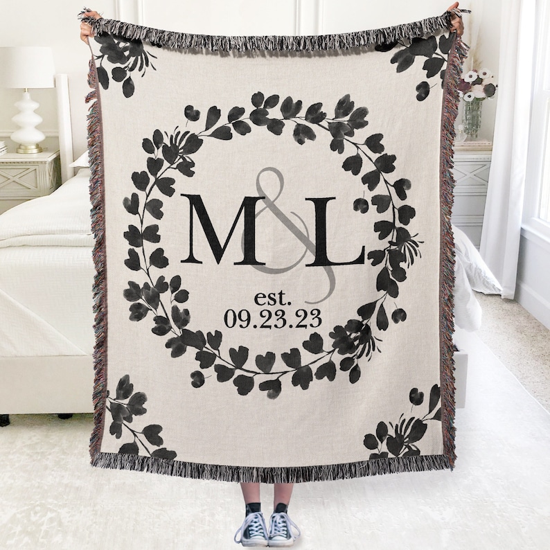 Cotton Anniversary Gift Personalized Throw Blanket Second Anniversary Gift for Wife Gift for Couples Initials Established Date Wedding Gift