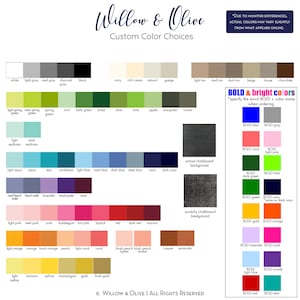 May include: A colour chart with a variety of colours for custom colour choices. The chart includes colours like white, light grey, medium grey, charcoal, black, ivory, rich cream, natural, greige, light tan, medium tan, dark tan, beige, taupe, chocolate, light spring green, medium spring green, spring green, mint, kelly green, forest, olive, lime, apple, evergreen, hunter, light seafoam, dark seafoam, light aqua, aqua, teal, caribbean, light blue, medium blue, dark blue, slate blue, navy, dark navy, medium french violet, french violet, lavender, royal purple, wine, light pink, medium pink, pink, bubblegum, hot pink, lipstick, red, dark red, maroon, light orange, orange, burnt orange, peach, light coral, coral, blush peach lighter, blush peach darker, copper, terracotta, light yellow, banana, yellow, champagne, gold, fools gold, BOLD blue, BOLD grey, BOLD coral, BOLD light pink, BOLD dark green, BOLD lime, BOLD green, BOLD navy, BOLD gold, BOLD orange, BOLD lavender, BOLD pink, BOLD light blue, BOLD purple, BOLD red, BOLD teal. The chart also includes two images of chalkboard backgrounds, one with a school chalkboard background and one with a scratchy chalkboard background.